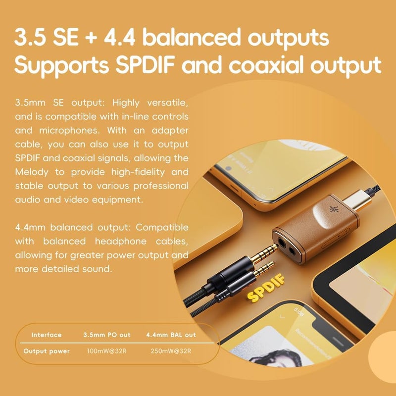 FiiO /Snowsky Melody Headphone Amplifier Portable DAC with 4.4mm and 3.5mm Headphones Outputs Support DSD256, 10-Band PEQ for Android/iOS/Mac/Windows (Maple) - Image 3